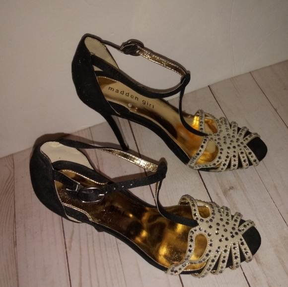 Madden girl T-strap nude and black open toe heels - Picture 5 of 15